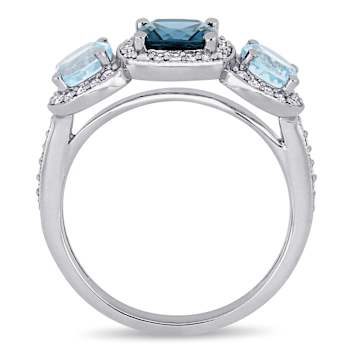 2.17ctw London Blue and Sky Blue Topaz with.33ctw Diamond 3-Stone Ring
in Sterling Silver