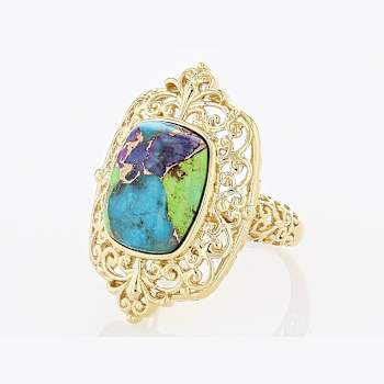 Multi-Color Blended Turquoise and Filigree Ring In 18K Gold Over
Sterling Silver 14x11mm