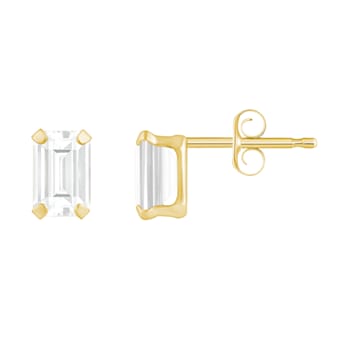 6x4mm Emerald Cut White Topaz 10k Yellow Gold Stud Earrings