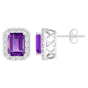 8x6mm Emerald Cut Amethyst And White Topaz Accent Rhodium Over Sterling
Silver Halo Stud Earrings