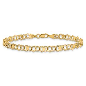 10k Yellow Gold 4mm Double Link Heart Charm Bracelet