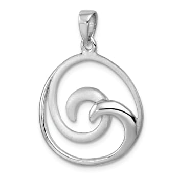 Rhodium Over Sterling Silver Polished and Brushed Double Wave Pendant