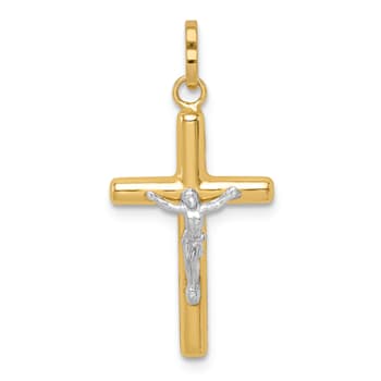 14K Yellow Gold with White Rhodium Polished Hollow Crucifix Charm