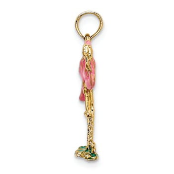 10K Yellow Gold 3D Pink Enameled Flamingo Charm