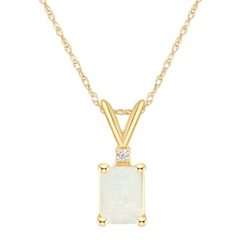 7x5mm Emerald Cut Opal with Diamond Accent 14k Yellow Gold Pendant With Chain