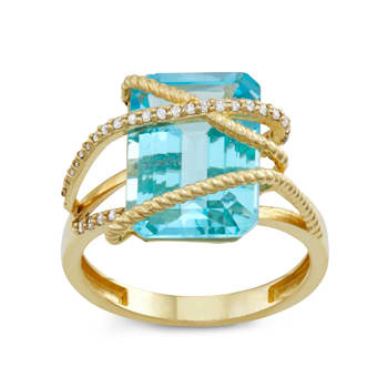 Swiss Blue Topaz with Diamond Accent 10K Yellow Gold Crossover Ring 9.40ctw