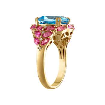 Swiss Blue and Pink Topaz with Diamonds 14K Yellow Gold Plated Sterling
Silver Ring 7.52ctw