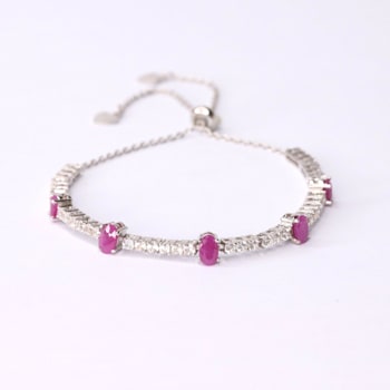 Oval Ruby and White Zircon Sterling Silver Bolo Bracelet