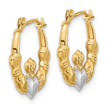 14k Yellow Gold and Rhodium Over 14k Yellow Gold Polished and Textured
11/16" Claddagh Hoop Earrings