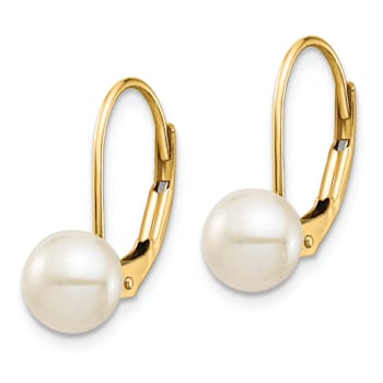 14K Yellow Gold 6-7mm White Button Freshwater Cultured Pearl Leverback Earrings