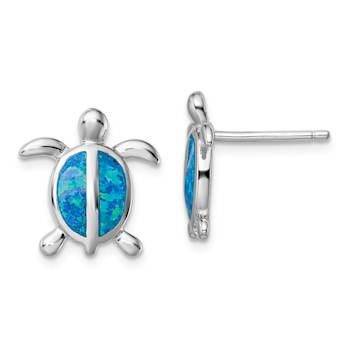 Rhodium Over Sterling Silver Lab Created Opal Turtle Post Earrings