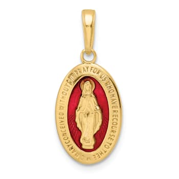 14K Yellow Gold Red Enameled Miraculous Medal Pendant