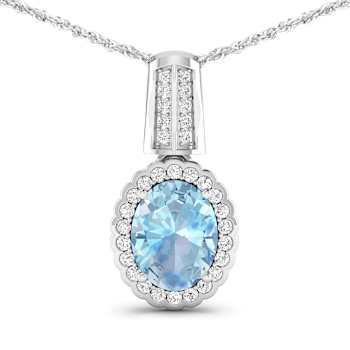 1.40ctw 14K White Gold Oval Aquamarine and White Diamond Pendant with 18
inch Cable Chain
