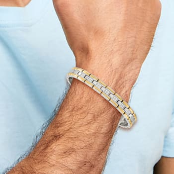 White Cubic Zirconia Stainless Steel Polished Yellow IP Plated Men's Bracelet