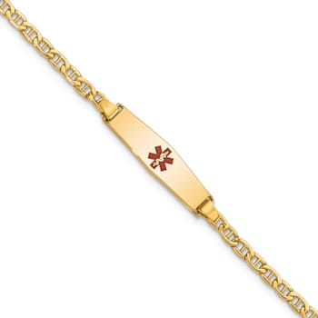 14k Yellow Gold Medical Soft Diamond Shape Red Enamel Mariner Link ID Bracelet