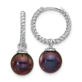 Rhodium Over 14K White Gold 7-8mm Black and White Freshwater Cultured
Pearl Dangle Hoop Earrings