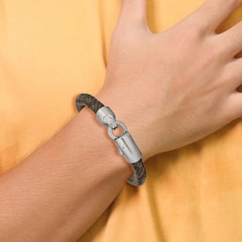 Brown Leather and Stainless Steel Brushed 8.25-inch Bracelet