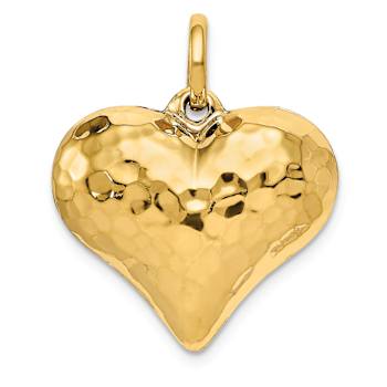14k Yellow Gold Polished and Hammered 3D Heart Pendant
