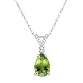 8x5mm Pear Shape Peridot with Diamond Accent 14k White Gold Pendant With Chain