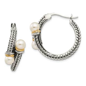 Sterling Silver Antiqued with 14K Accent 4mm Freshwater Cultured Pearl
Hoop Earrings