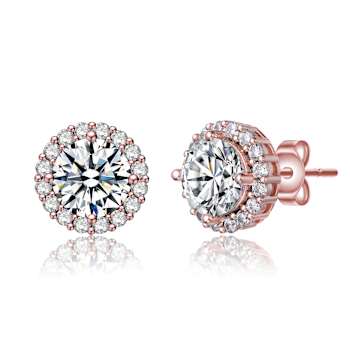 CZ Halo Stud Earrings In 18K Rose Gold Over Brass
