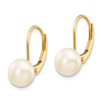 14K Yellow Gold 7-8mm White Button Freshwater Cultured Pearl Leverback Earrings
