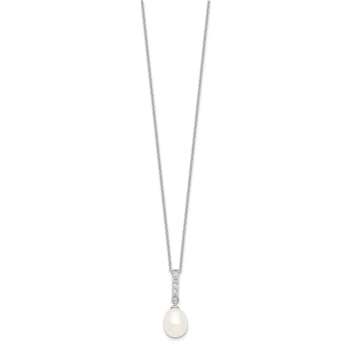 Rhodium Over Sterling Silver 8-9mm White Freshwater Cultured Pearl Cubic
Zirconia Necklace