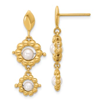 14K Yellow Gold Polished Freshwater Cultured Pearl Flower Post Dangle Earrings