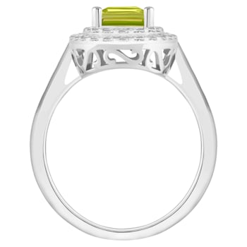 8x6mm Emerald Cut Peridot And White Topaz Accents Rhodium Over Sterling
Silver Double Halo Ring
