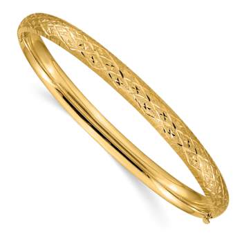 10k Yellow Gold 6.5mm Diamond-Cut and Brushed Fancy Hinged Bangle Bracelet