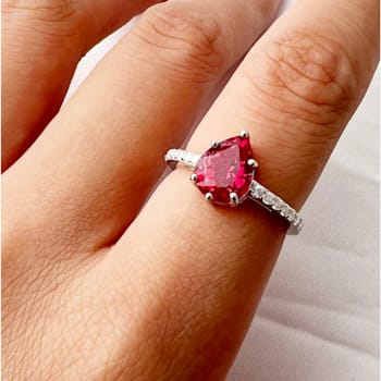 Red Lab Created Ruby with Moissanite Accents Sterling Silver Pear Shape
Teardrop Solitaire Ring
