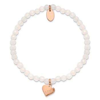 Rose Stainless Steel Polished LOVE Heart Jade Stretch Bracelet