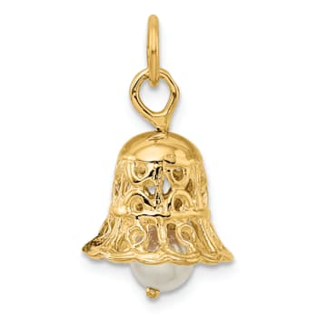 14k Yellow Gold 3D Textured Moveable Wedding Bell with Fresh Water
Cultured Pearl Charm