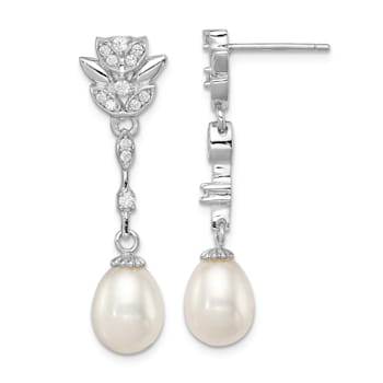 Rhodium Over Sterling Silver  8-9mm White FWC Pearl Cubic Zirconia Post
Dangle Earrings
