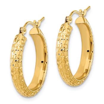 14k Yellow Gold 13/16" Polished Textured and Diamond-Cut Hoop Earrings