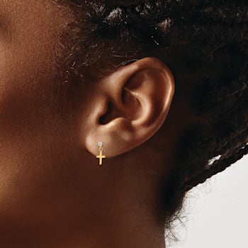 14K Yellow Gold Children's Cubic Zirconia Cross Dangle Earrings