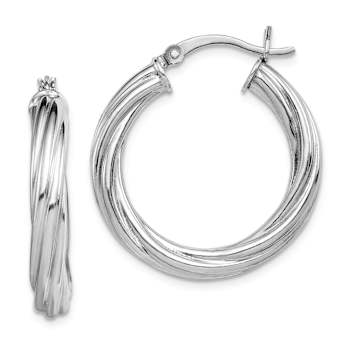 Rhodium Over Sterling Silver Twisted 4x25mm Hoop Earrings