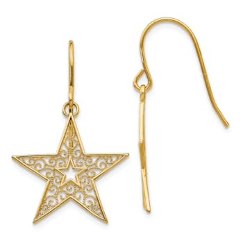 14k Yellow Gold Filigree Star Dangle Earrings