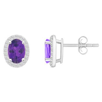 7x5mm Oval Amethyst And Created White Sapphire 10k White Gold Halo Stud Earrings