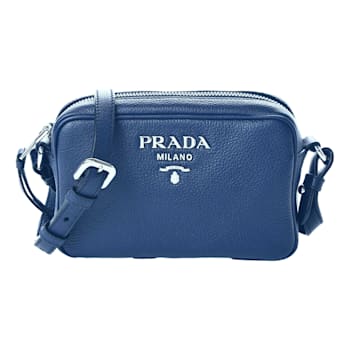 Prada Vitello Phenix Blue Leather Silver Logo Small Camera Crossbody Bag