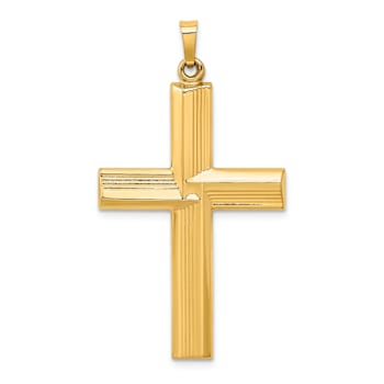 14k Yellow Gold Polished Stripe Design Latin Cross Pendant