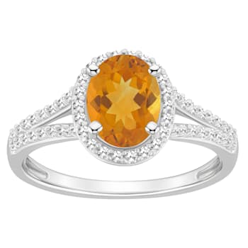 8x6mm Oval Citrine 1/4 ctw Diamond Rhodium Over Sterling Silver Halo Ring