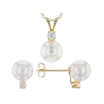 Akoya Pearl And CZ Pendant And Earring Set In 14K Gold