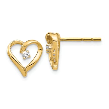 14k Yellow Gold 10mm AA Diamond Heart Stud Earrings