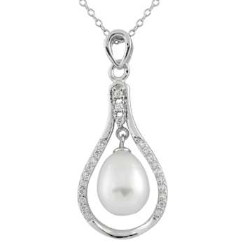 8-9mm Drop White Cultured Freshwater Pearl and CZ Rhodium Over Sterling
Silver Pendant