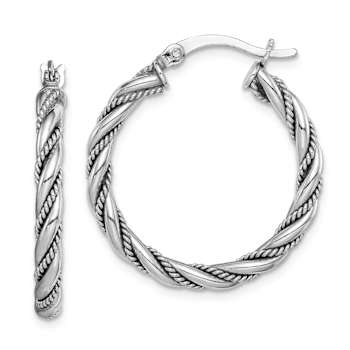 Rhodium Over Sterling Silver Textured 2.5x25mm Twisted Hoop Earrings