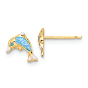 14k Yellow Gold Children's Polished Blue and White Enameled Dolphin Stud Earrings