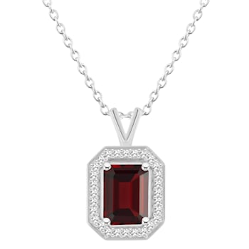 8x6mm Emerald Cut Garnet 1/7 ctw Diamond Rhodium Over Sterling Silver
Halo Pendant with Chain