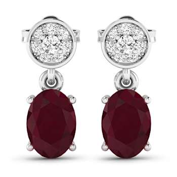 1.70ctw 14K White Gold  Red Ruby and White Diamond Halo Earrings