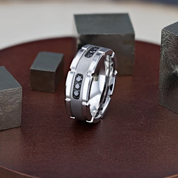 VALOR Grooved Tungsten Ring with Silver Inlay & Black Diamonds - 8mm